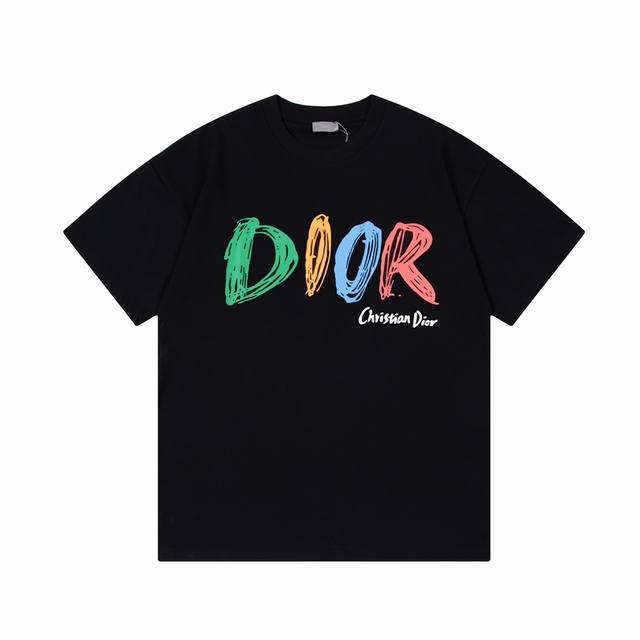 Dior 迪家 2024新款 定制32支280G棉盖棉面料 已洗水处理 不缩水 不变形 不掉色 不掉毛 彩色字母logo 男女同款 短袖t恤 颜色: 黑 白 尺