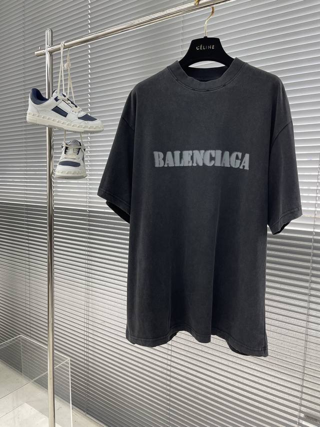 Balenciag Stencil Ty 品模糊徽标字母logo印花圆领短袖t恤 280G复古平纹针织面料 复古洗水磨破做旧工艺 男女同款 码数：1 2 3 4