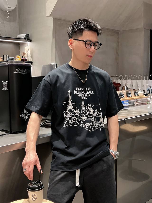 Bal 巴黎 2024早春新款短袖t恤 绣花+巴黎铁塔印花 男女同款 S M L Xl Xxl 五个码 黑色 白色