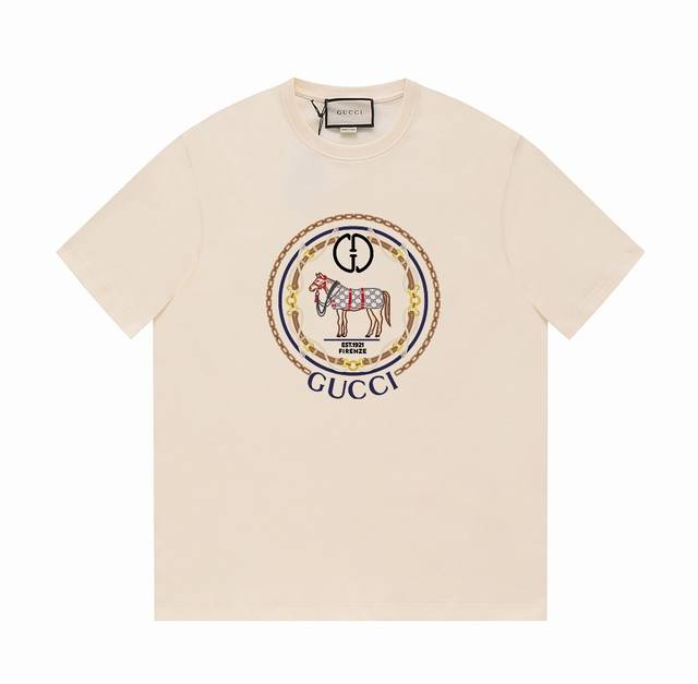 Gucci24Ss夏款 古驰品牌标识马&文字绳索t恤 -采用双纱纯棉250G，面料颜色定制定染，不缩水不退色。手感舒服，质感超强全套原版辅料，芯片细节到位，潮男