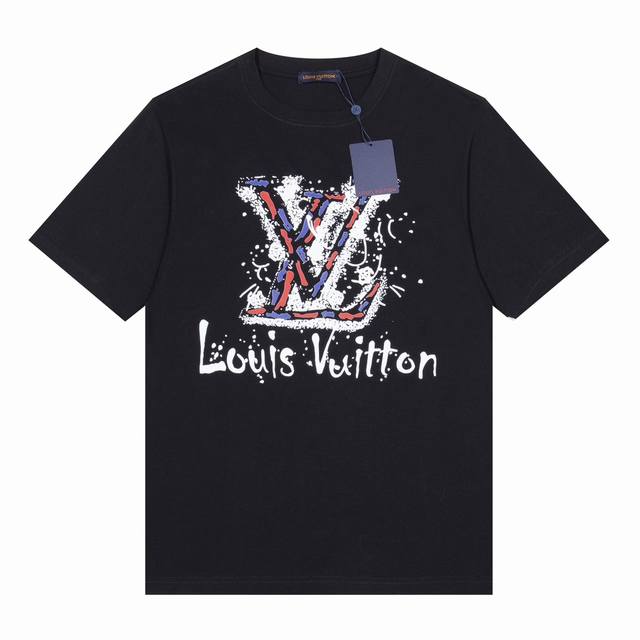 路易威登 Louisvutton 24S S 春夏新款 短袖t恤 彩色lv经典图案logo 完美细节处理 32支双纱重磅300克纯棉面料 颜色 黑色 白色 码数