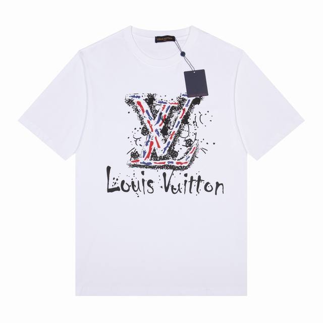 路易威登 Louisvutton 24S S 春夏新款 短袖t恤 彩色lv经典图案logo 完美细节处理 32支双纱重磅300克纯棉面料 颜色 黑色 白色 码数