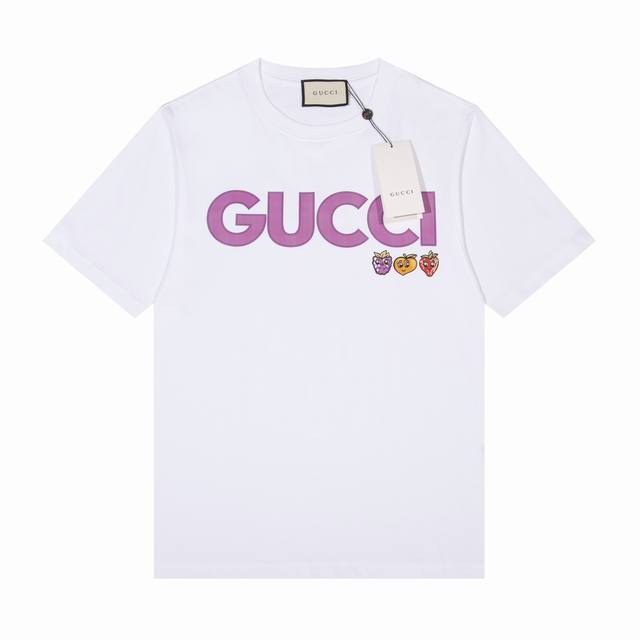古奇 Gucci 24S S 春夏短袖t恤 颜色鲜艳 顶级草莓印花logo32支双纱重磅300克纯棉面料 颜色 黑色 白色 码数 S M L Xl Xxl 五码