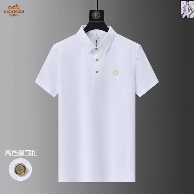 Hermes 爱马仕 2024夏季新款 丝光面料翻领时尚百搭商务短袖， 全球顶级男装，简约时尚，从容百搭，大气优雅 极度舒适体验 高端面料 色泽鲜艳 极致顺滑触