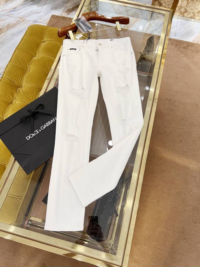 1964Ss新款白色牛仔裤 大破洞设计 顶级双层dg大皮牌 原版拉链五金定制 中弹修身小脚裤型 码数29-38